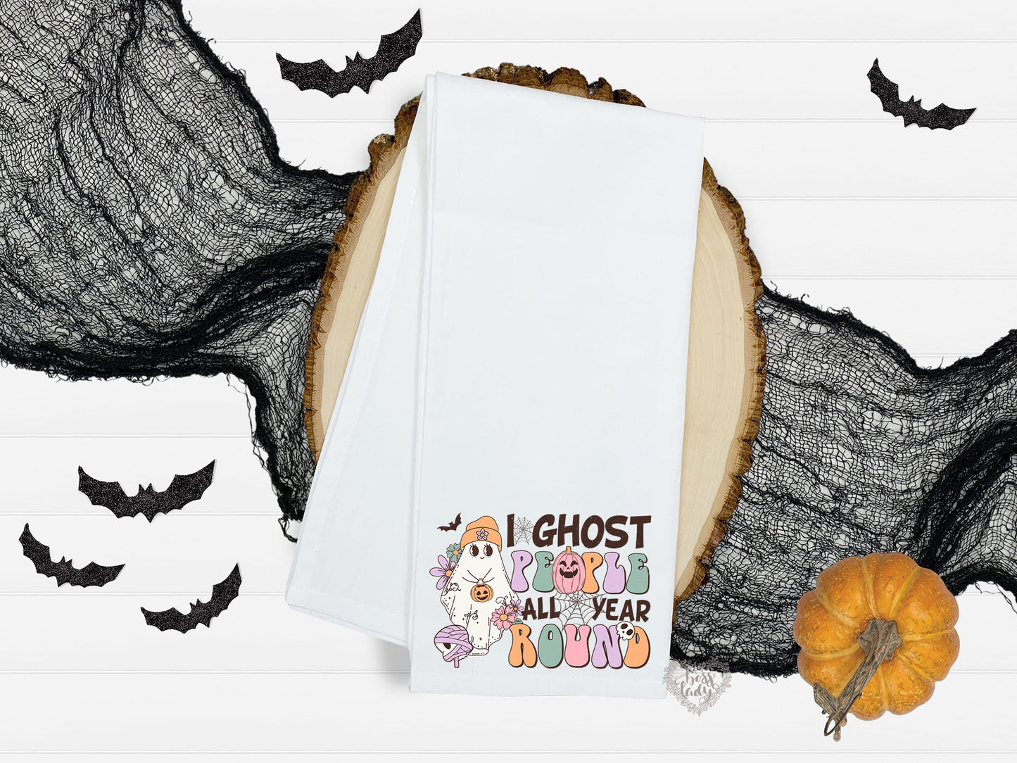 Retro Ghosts Halloween Dish Towel - I Ghost People All Year Round
