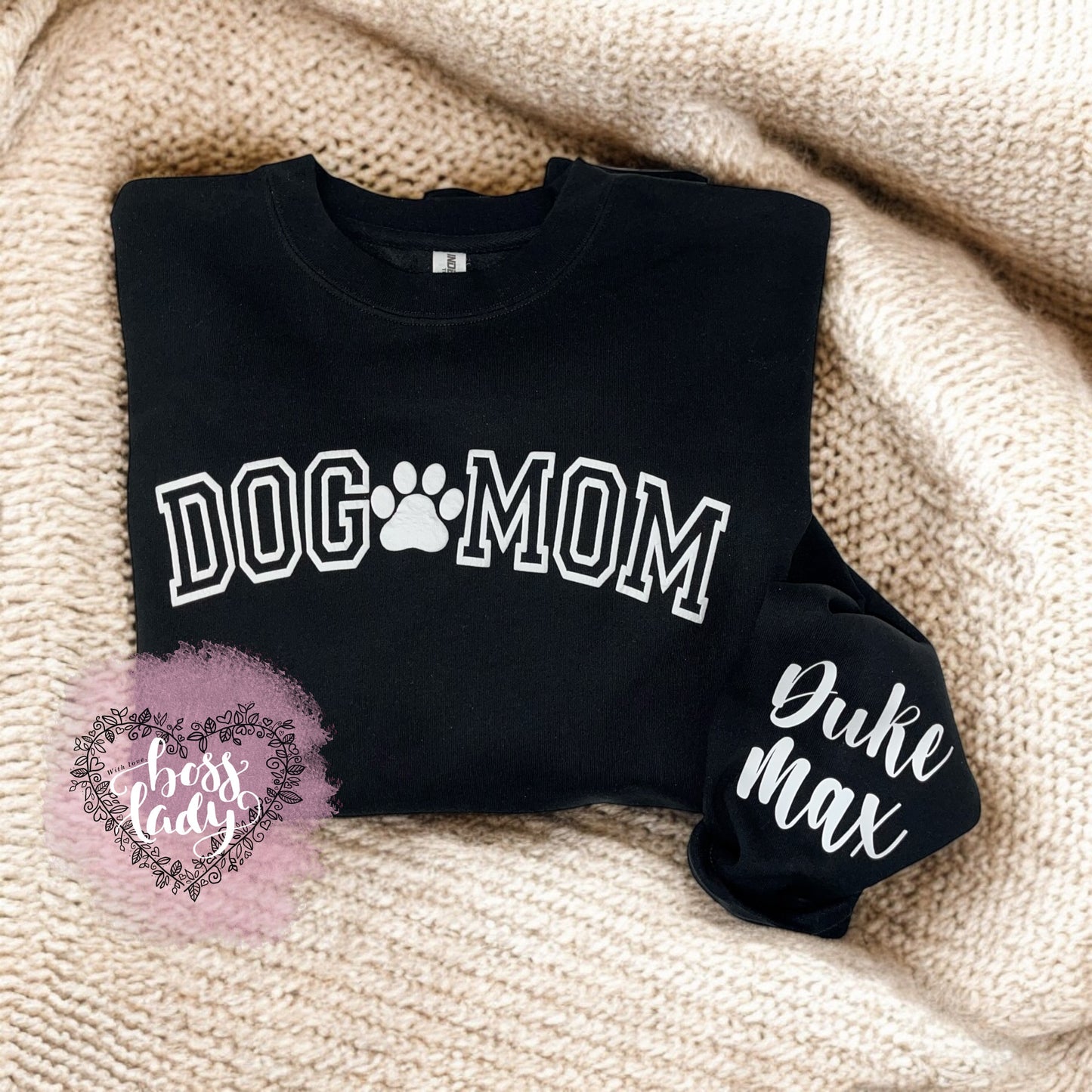 Personalized Dog Mom Sweater with Embossed Names on sleeve