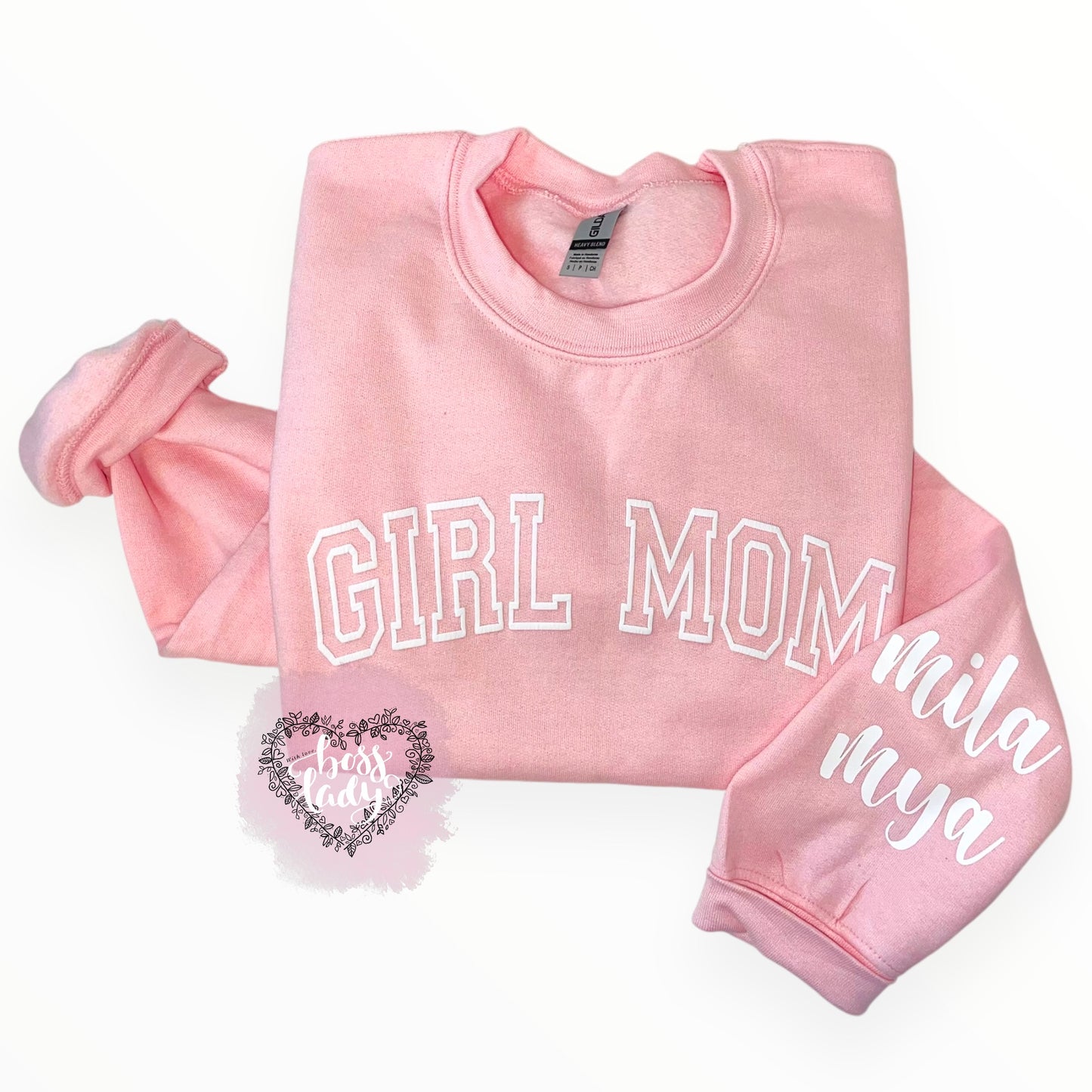 Personalized Girl Mom Sweater with Embossed Names on Sleeve