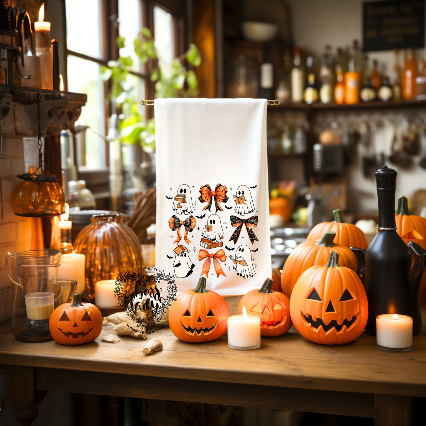 Halloween Ghost and Books Dish Towel