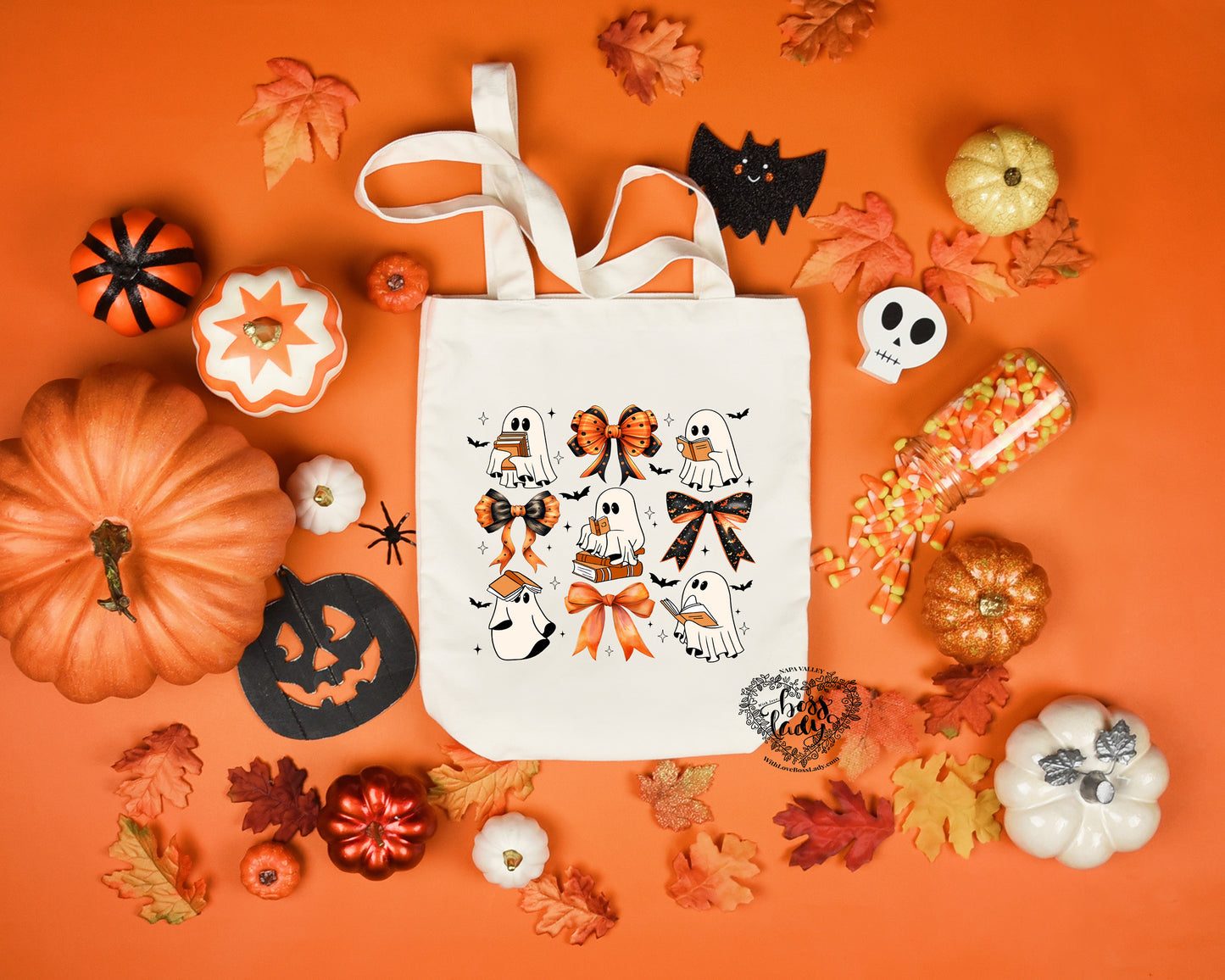Halloween Ghost and Books Tote Bag