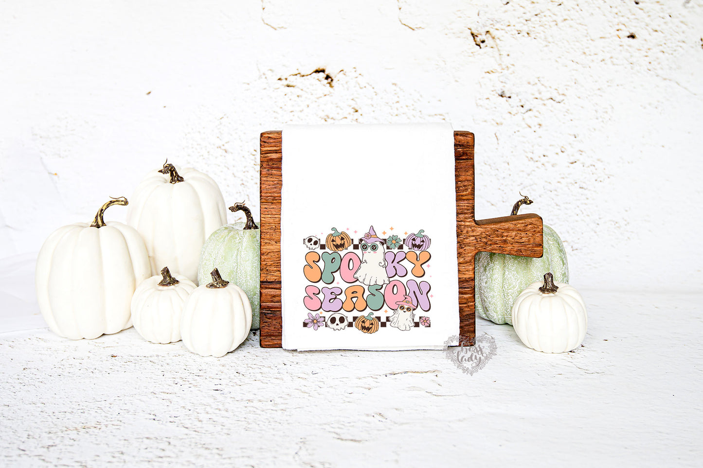 Spooky Season Halloween Dish Towel - Retro Ghost & Pumpkin Design