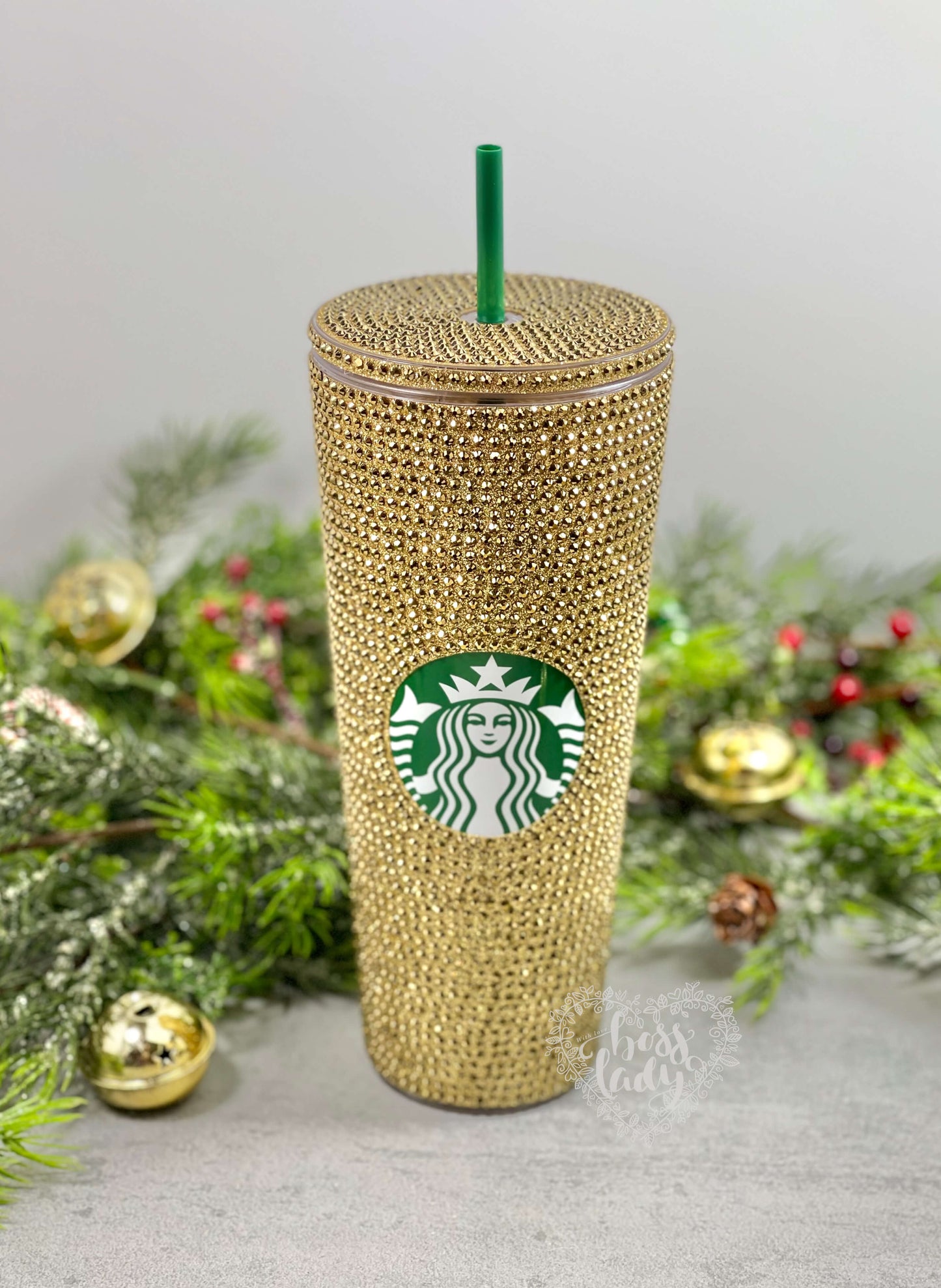 Starbucks Acrylic Tumbler with Gold Diamond Cut Crystals | Bedazzled Starbucks Cup