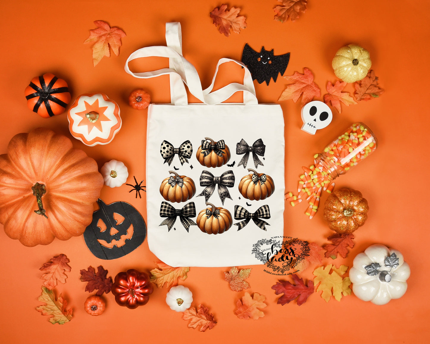 Coquette Bows and Pumpkins Harvest Halloween Tote Bag