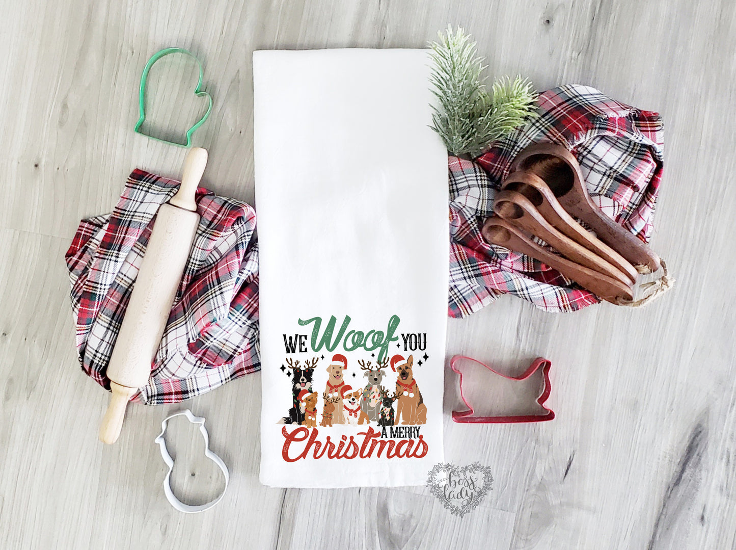 We Woof You A Merry Christmas Dishtowel - Festive Dogs Design