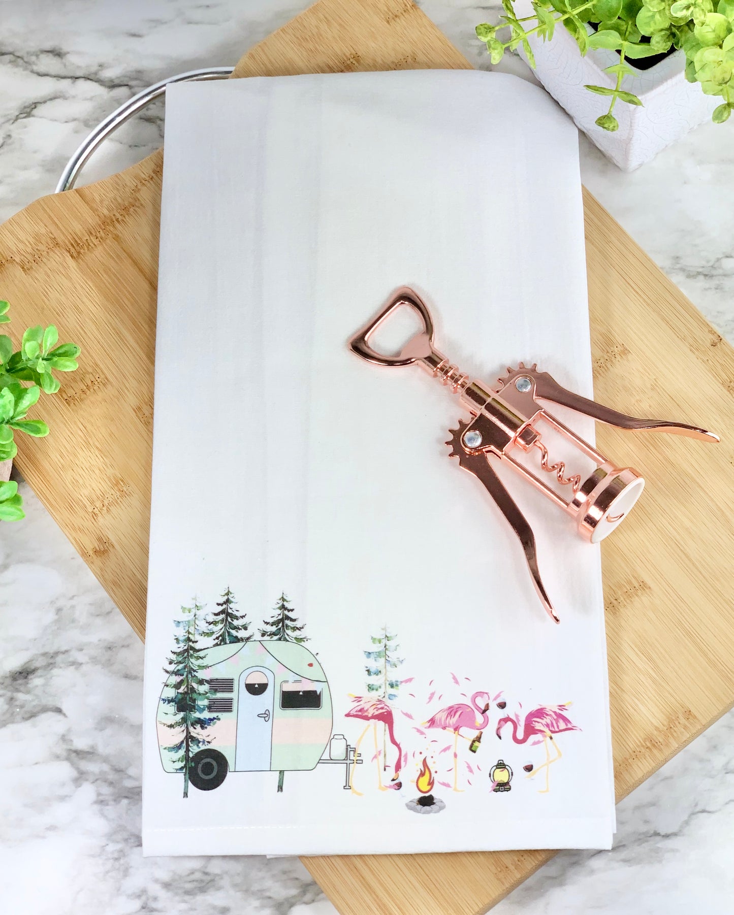 Camping Wine Tasting Flamingos Dish Towel