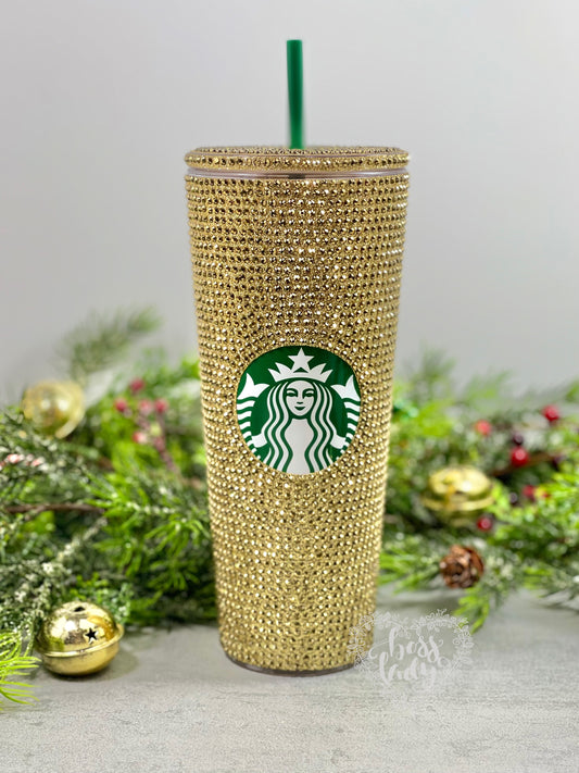 Gold rhinestone bedazzled Starbucks Tumbler 24 oz