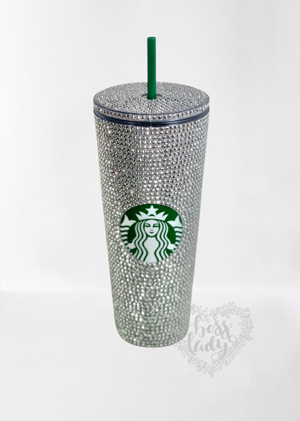 Starbucks Acrylic Tumbler with Silver Diamond Cut Crystals | Bedazzled Starbucks Cup