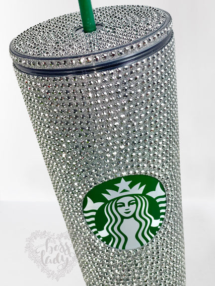 Starbucks Acrylic Tumbler with Silver Diamond Cut Crystals | Bedazzled Starbucks Cup