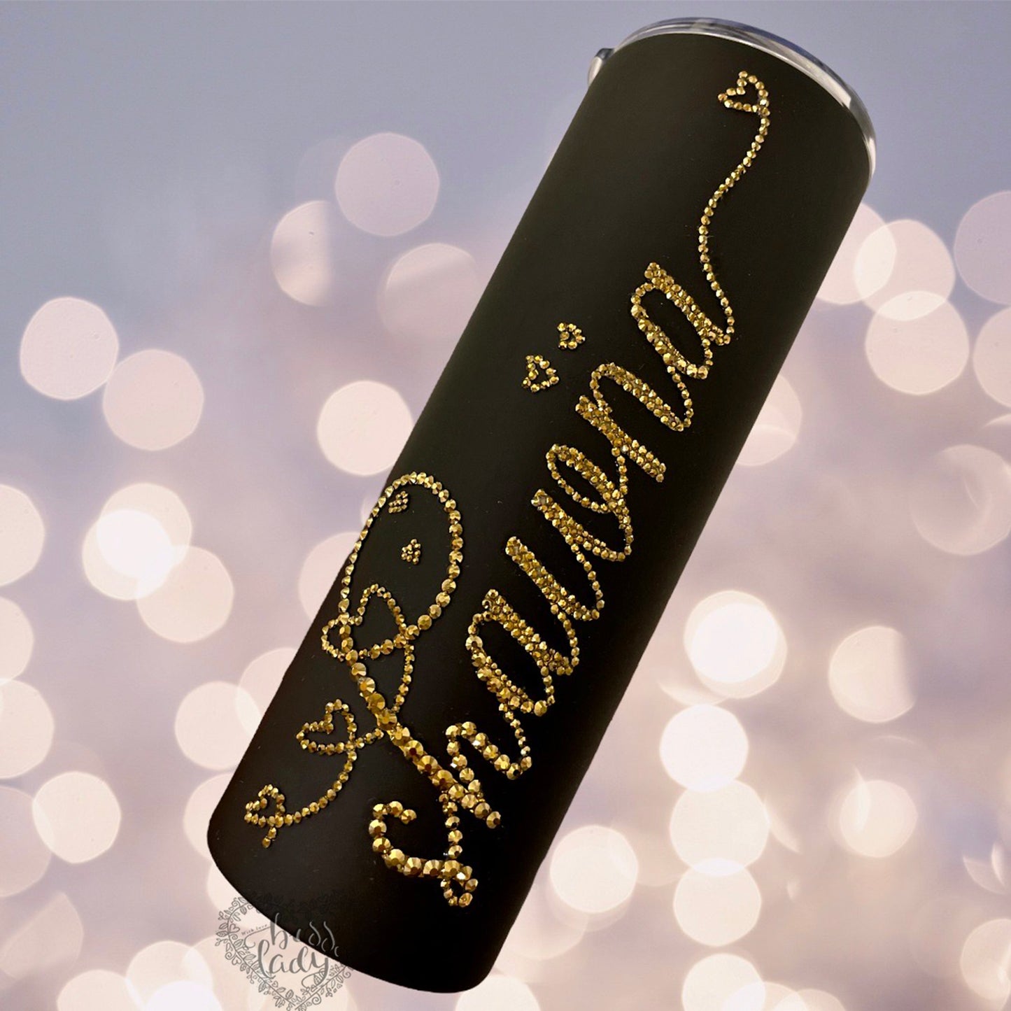 20oz Stainless steel matte tumbler personalized name in rhinestones and hearts.