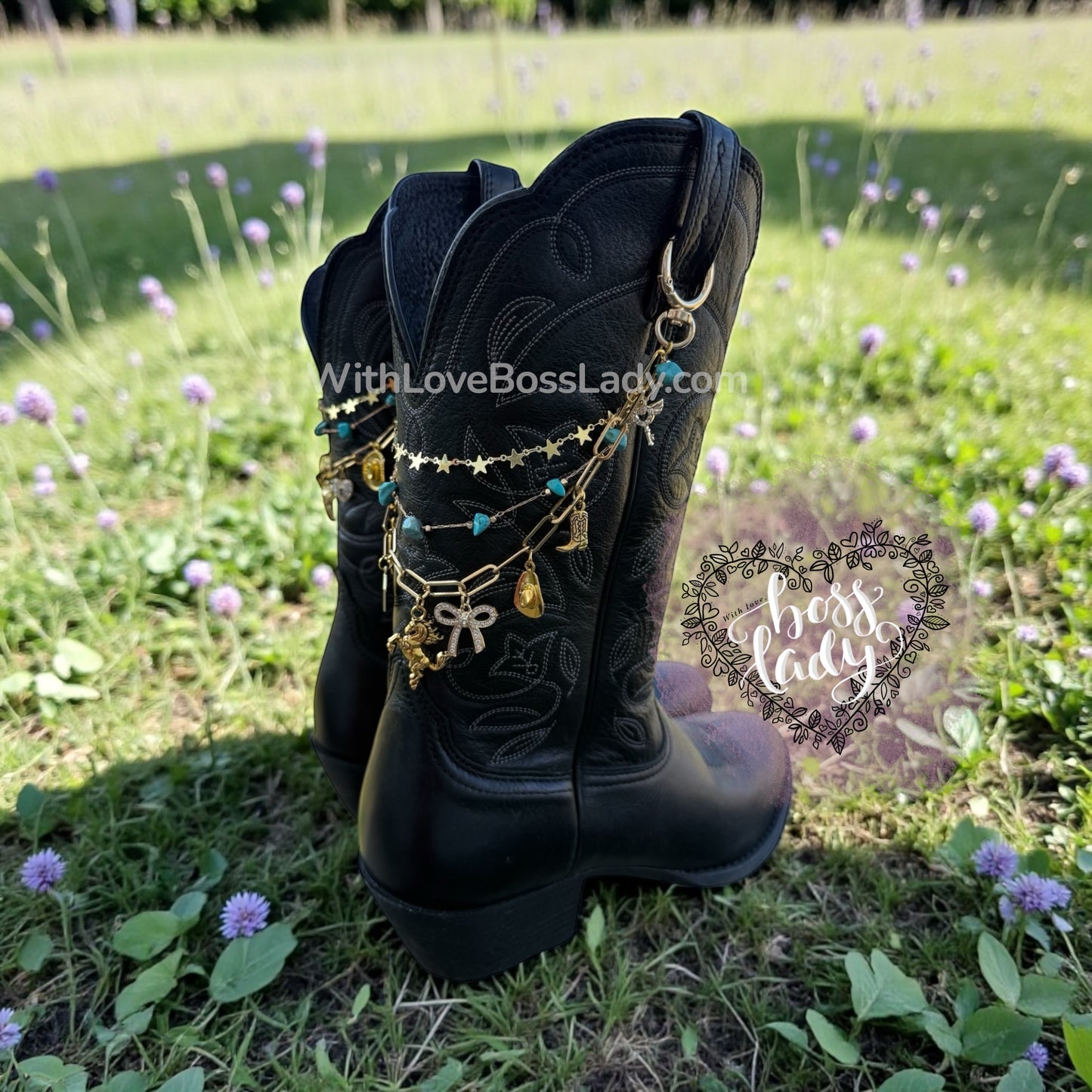 Western Boot Charms with Turquoise – Gold Cowgirl Rodeo Boot Jewelry