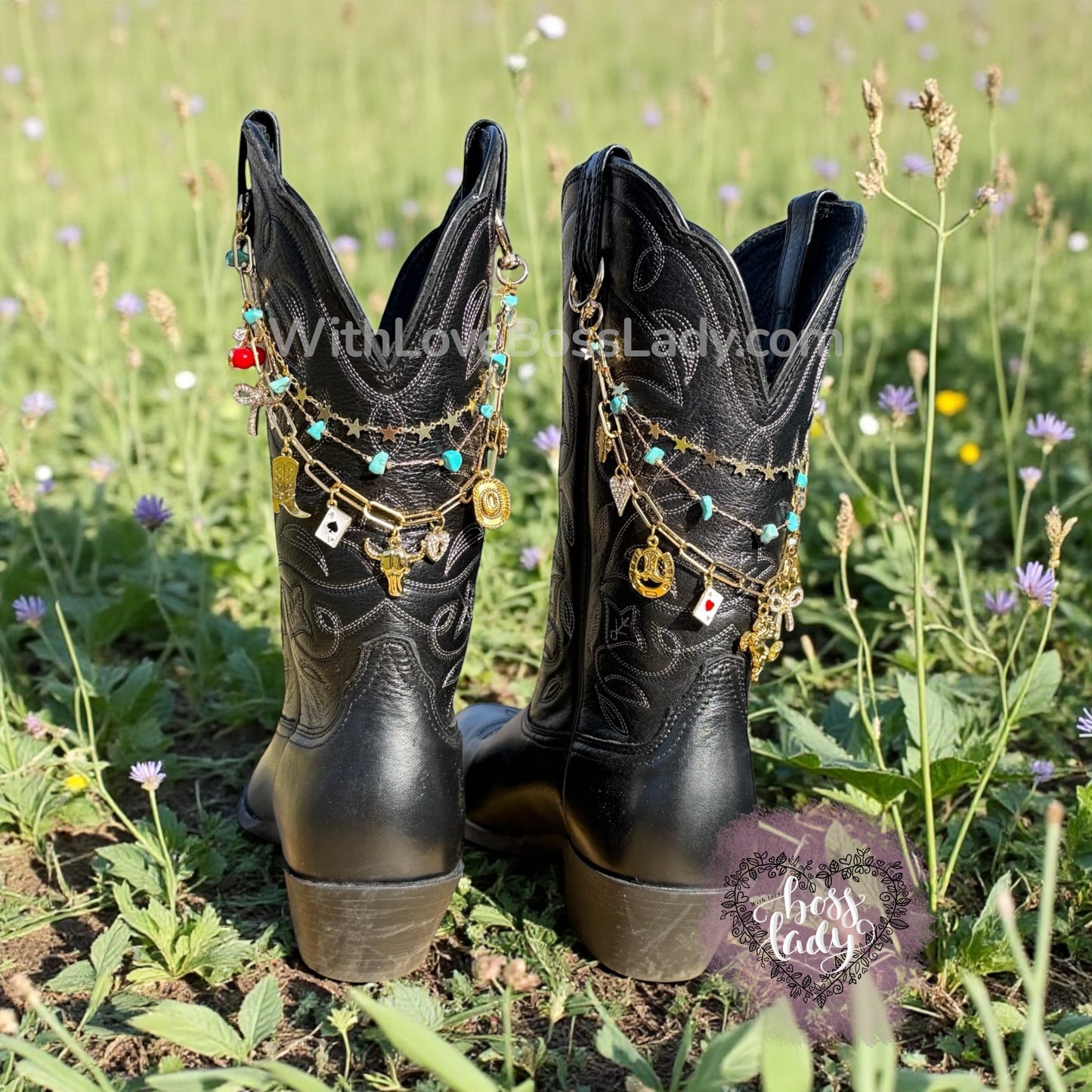 Western Boot Charms with Turquoise – Gold Cowgirl Rodeo Boot Jewelry