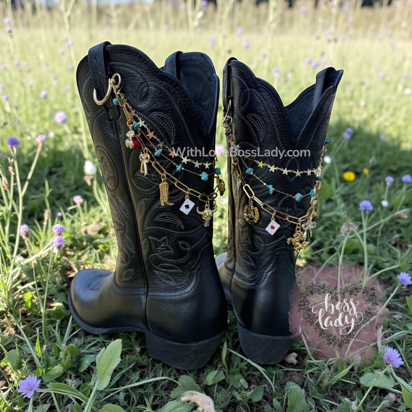 Western Boot Charms with Turquoise – Gold Cowgirl Rodeo Boot Jewelry