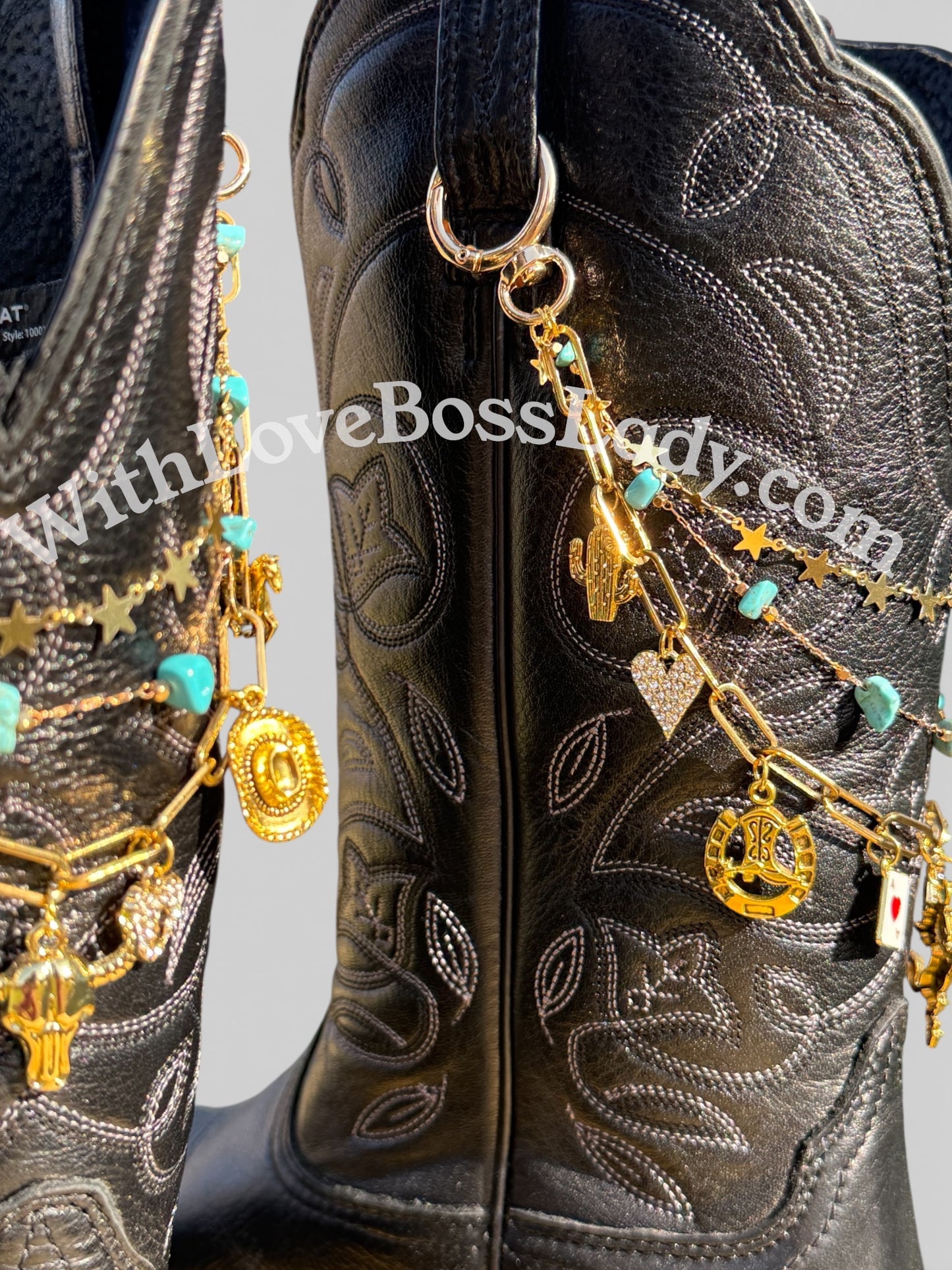 Western Boot Charms with Turquoise – Gold Cowgirl Rodeo Boot Jewelry