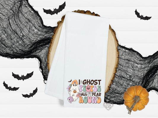 Retro Ghosts Halloween Dish Towel - I Ghost People All Year Round