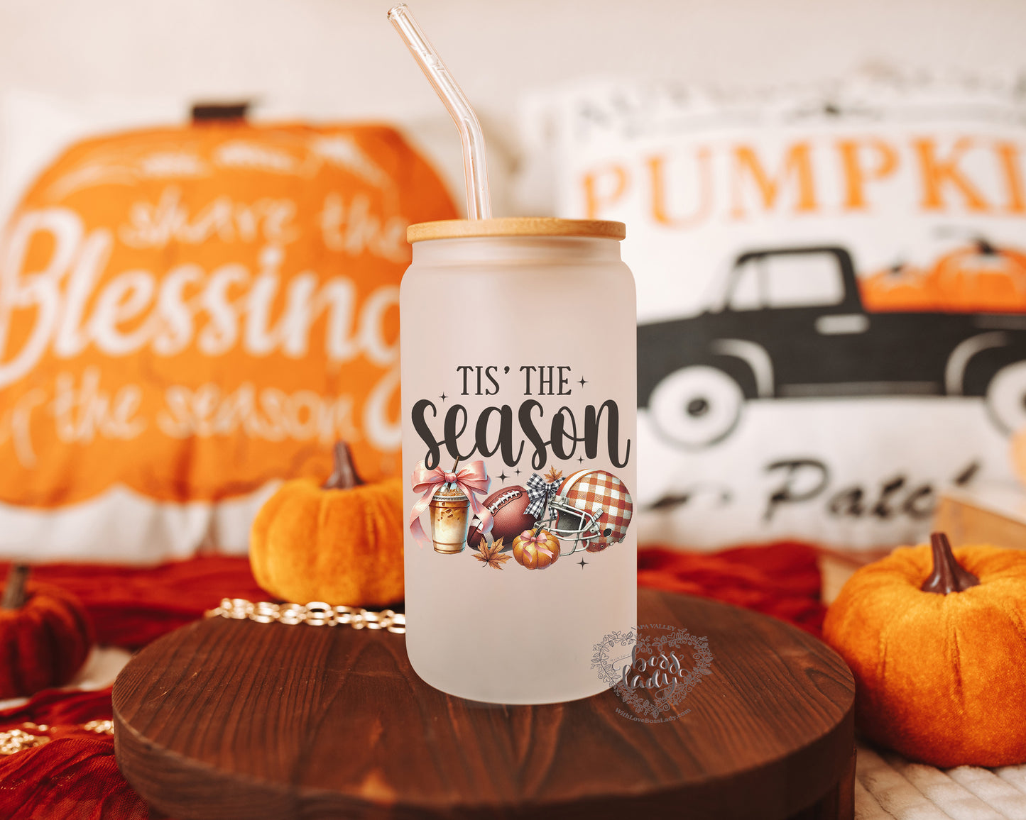 Tis the Season Football Pumpkin Spice Bamboo Glass Can Tumbler