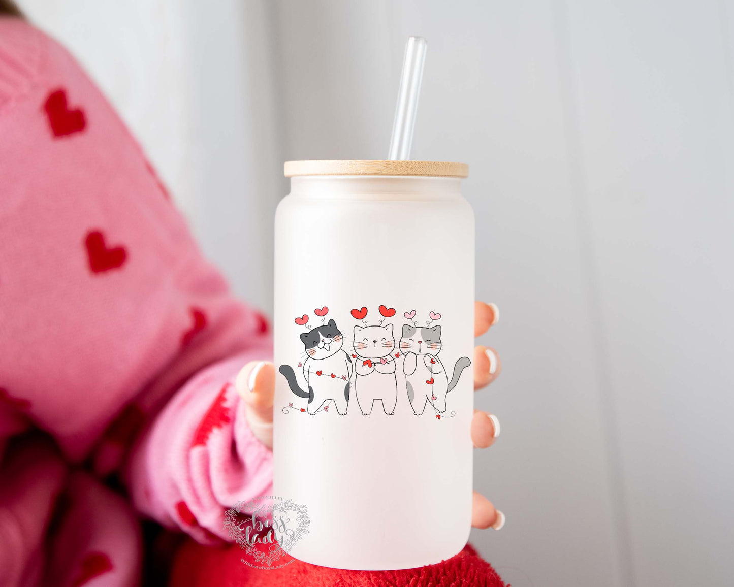 Whisker Kisses: Charming Cat Glass Can Tumbler for Valentine's Day!