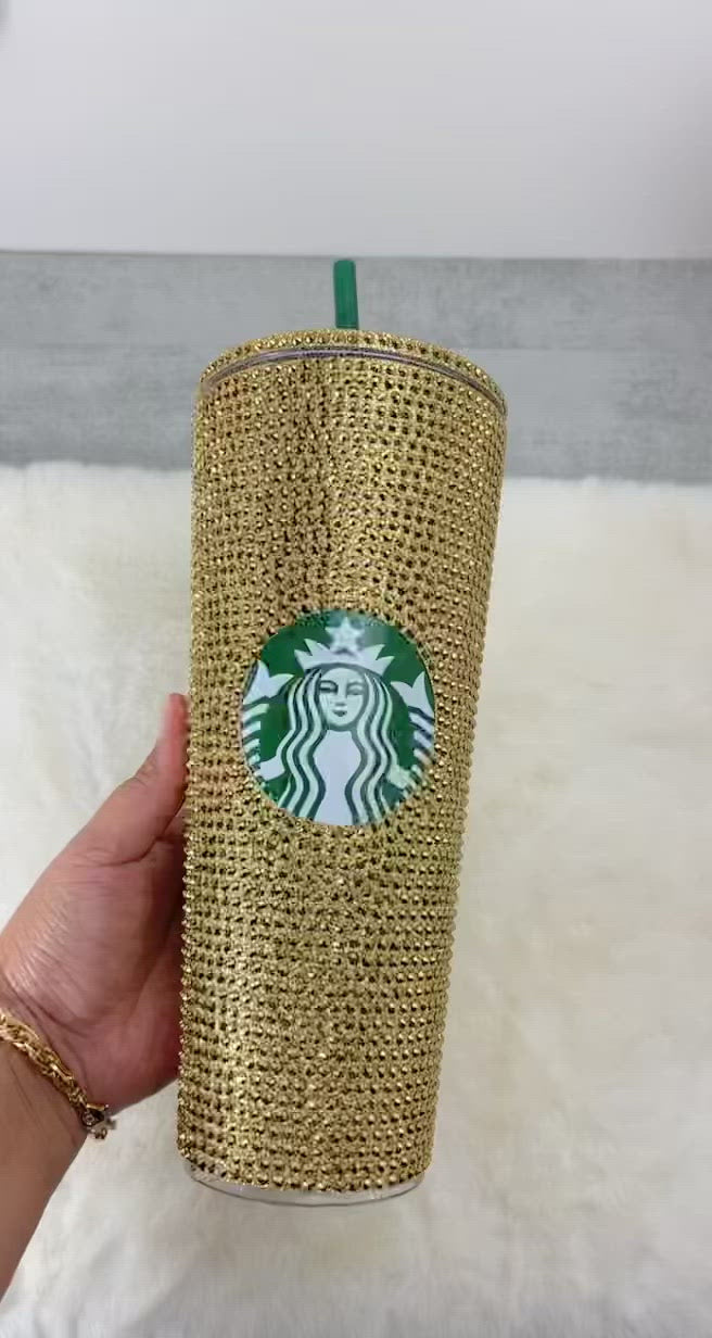 Starbucks Acrylic Tumbler with Gold Diamond Cut Crystals