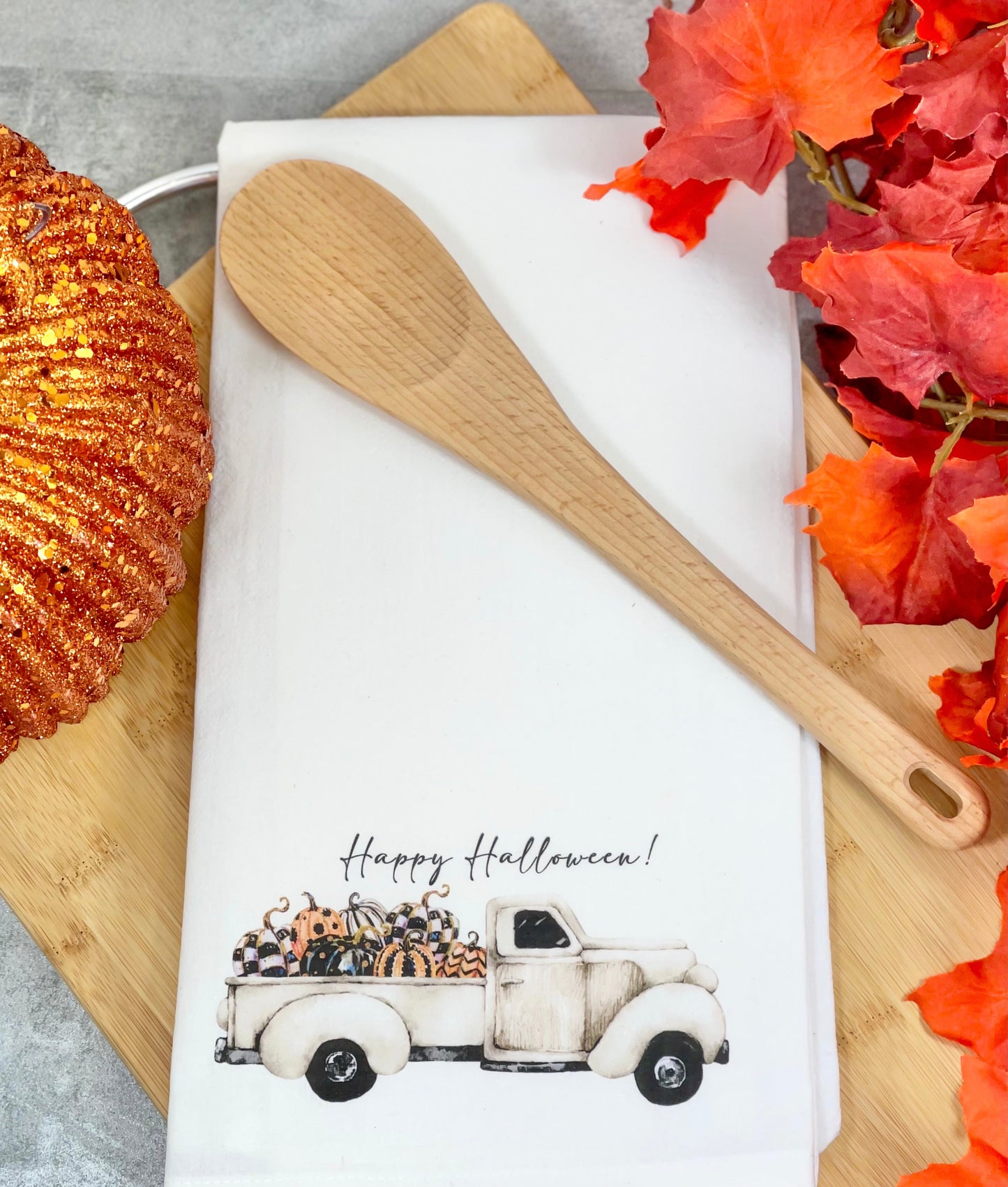 Happy Halloween Pumpkin Truck Dish Towel
